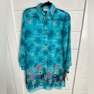 NWT VINTAGE BETSY’S THINGS blue sheer button coastal grandma floral tunic 10